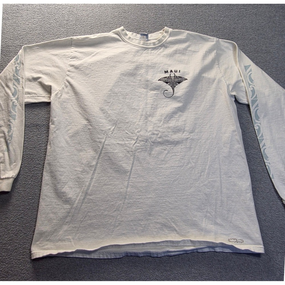 Crazy Shirts Hawaii Maui Manta Ray LS T-Shirt Mens XL White Tribal Graphic Tee